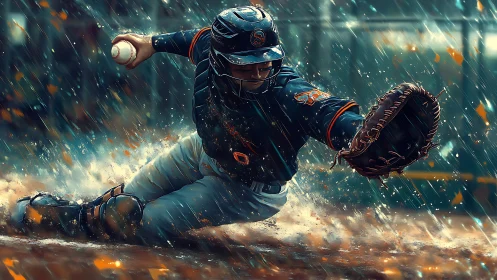 Dynamic baseball catcher sliding through rain-soaked infield.