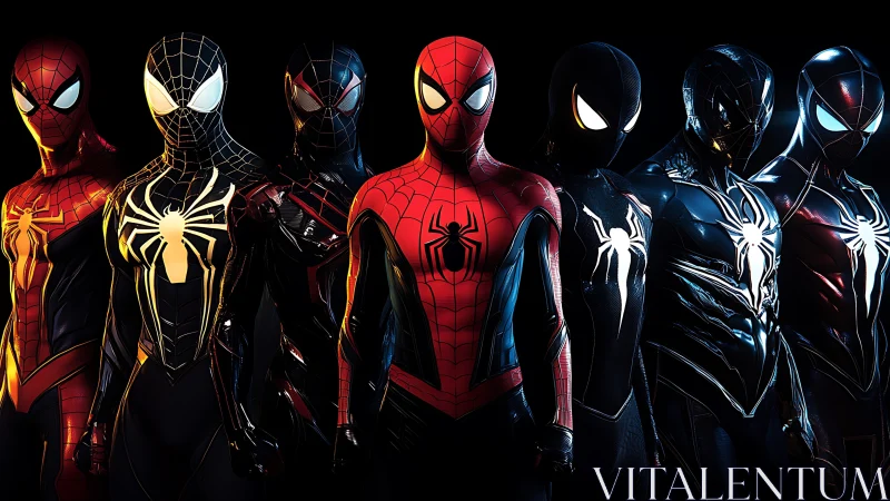 Multiple Spider-Man style suits in dramatic lineup.
