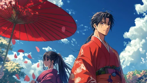 Elegant couple in kimono share a serene spring festival sky