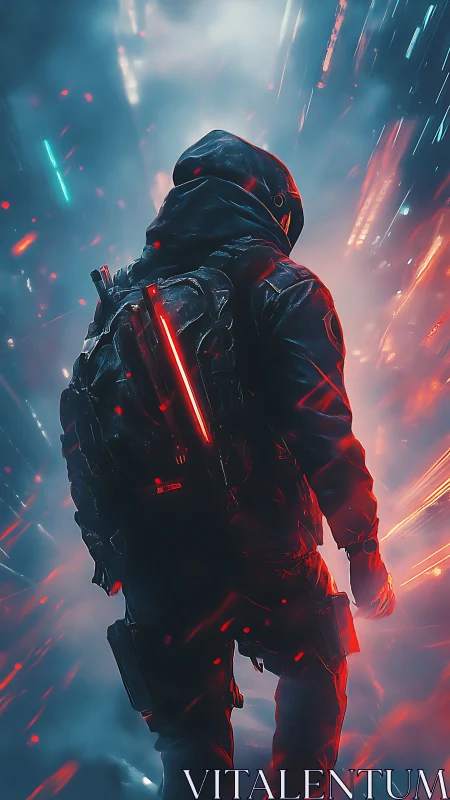 Neon-clad wanderer strides through a collapsing digital storm