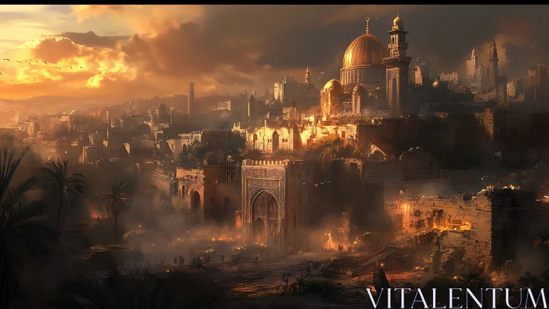 Sunlit domed city skyline rises above ruined stone walls