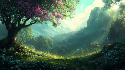 Whisperlit valley beneath a blossom-crowned guardian tree.