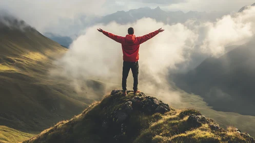 Solo hiker in red jacket commands misty alpine valley view.