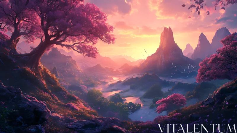 Enchanted valley glows under a radiant fantasy sunset sky.