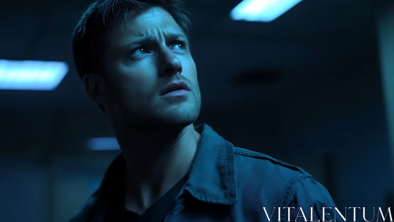Man in blue light looks up with tense, alert expression.