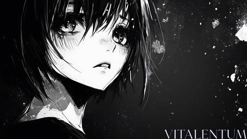 Monochrome anime portrait of pensive girl with splatter field