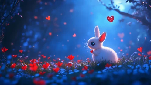 Moonlit meadow bunny cradled in glowing red hearts.