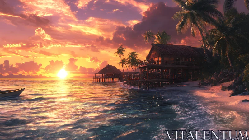 Tropical Sunset Over Overwater Bungalows and Island.
