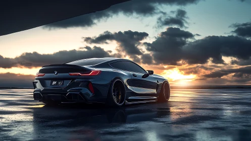 Sleek sports coupe waits on wet runway under a blazing sunset