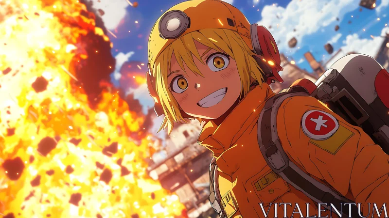 Smiling anime rescuer amid blazing urban explosion scene.