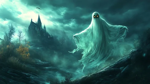 Glowing ghost haunts misty path before a lonely hilltop castle