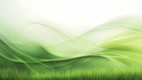 Digital painting of luminous green waves and grass field.