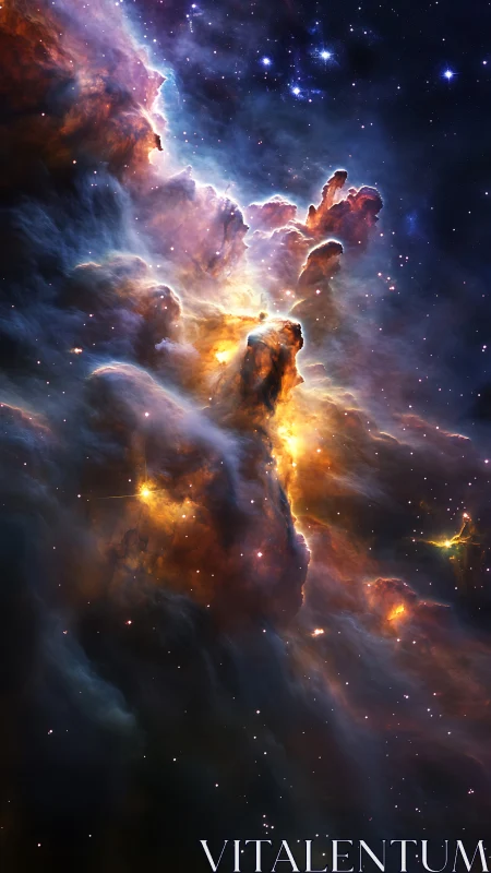Vertical star-forming nebula rendered in luminous digital detail