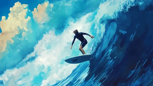 Surfer carves dynamic wave under expansive cyan sky.
