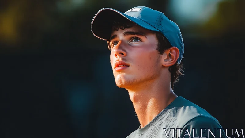Young tennis player looks upward in warm golden hour light