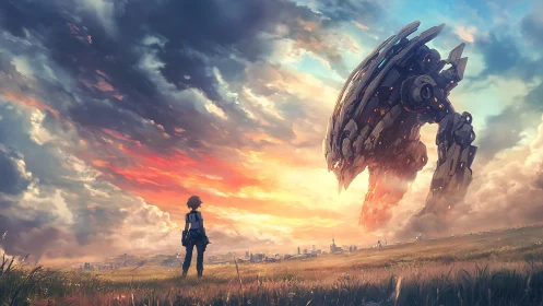 Solitary pilot confronts towering mech under blazing sunset sky