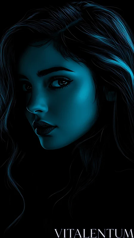 Neon blue muse emerging from darkness in electric silence.