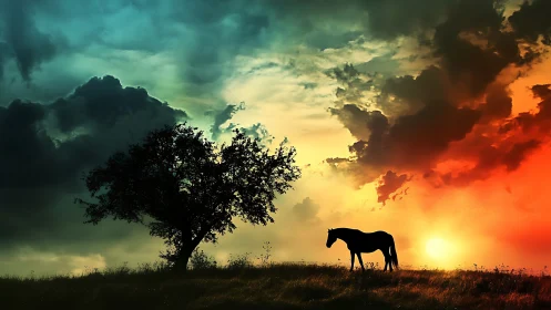 Silhouetted horse and tree against gradient sunset sky.