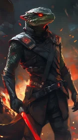 Reptilian warrior in black armor with red energy blade.