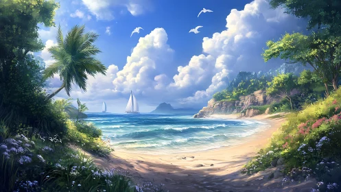 Digital illustration depicts coastal landscape with sailboats and tropical vegetation.