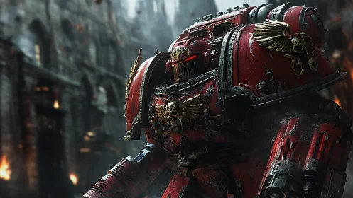 Armored red space warrior advances through burning ruins