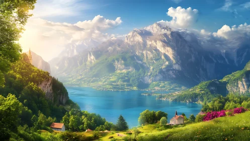 Luminous alpine lake basin with hyper-detailed mountain relief.