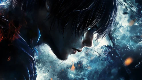 Profile view of digital male figure in blue light field.