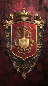 Baroque heraldic shield with gilded crown and armorial flora.