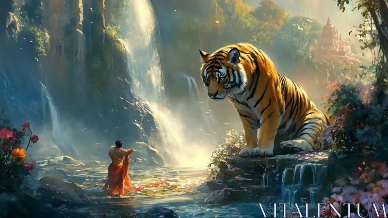 Waterfall shrine where monk and titan tiger share quiet vows.