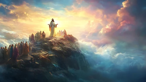 Sunlit preacher crowns a cloud-bright mountain of listeners