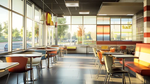 Sunlit fast-food haven glows with modern colors and calm hush.