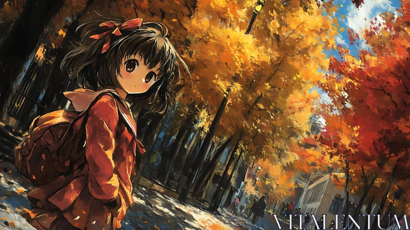 Girl in school uniform under autumn city trees at dusk.