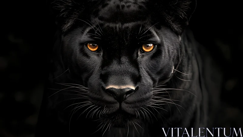 Black panther portrait with amber eyes against dark void.