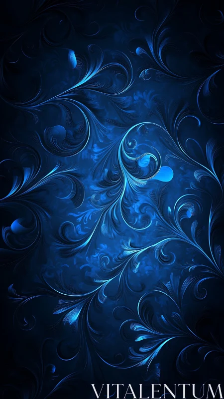 Midnight blue scrollwork swirls softly through digital depths