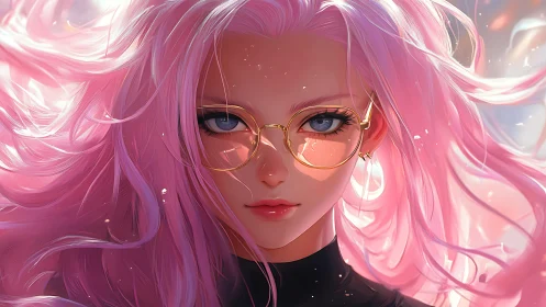 Iridescent pink-haired heroine with reflective gold glasses.