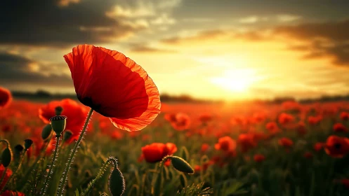 Backlit red poppy dominates glowing sunset meadow scene