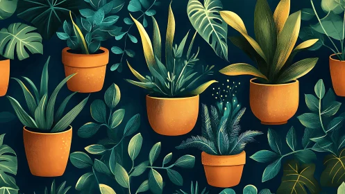 Multiple potted foliage plants arranged against dark ground