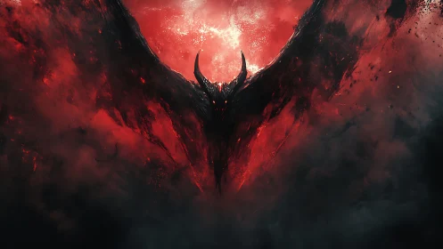 Infernal winged demon silhouette emerges from crimson abyss