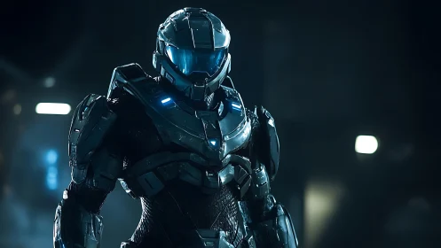 Armored sci fi soldier stands in neon lit industrial corridor.