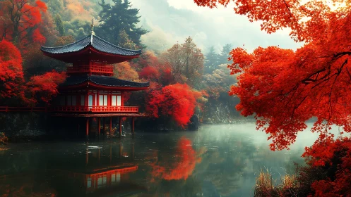 Tranquil lakeside temple wrapped in glowing autumn color.