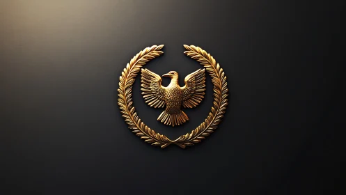 Gold eagle emblem within laurel wreath on dark background.