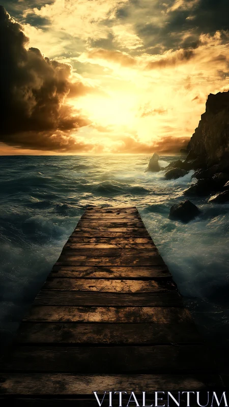 Sunlit stormy pier extends into glowing seascape horizon.