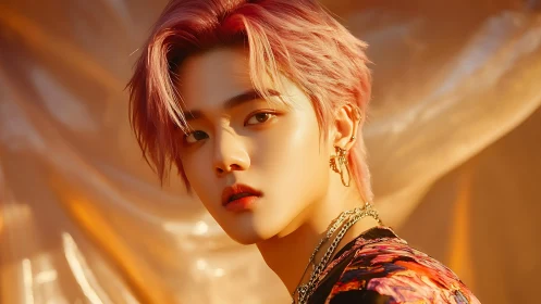 Soft golden light frames pink-haired youth in vivid portrait.