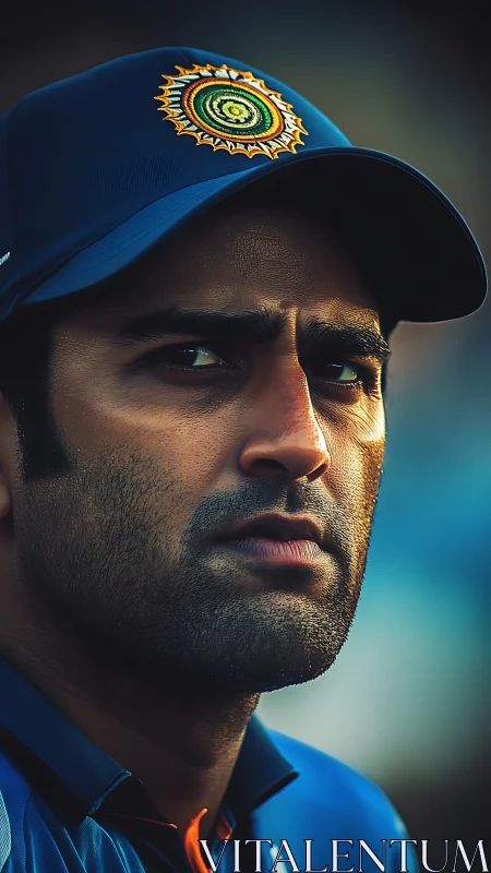 Cinematic close-up portrait of focused cricketer in cap.