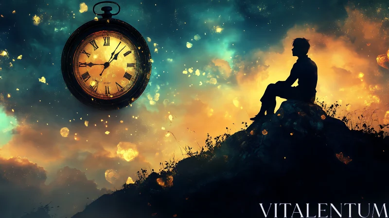 Stargazing thinker beneath a cosmic clock of drifting hours.