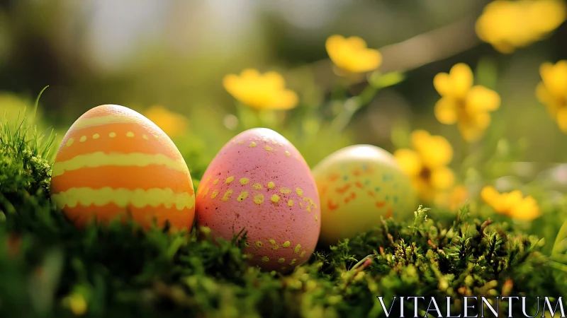 Colorful Easter eggs rest in sunlit spring meadow.