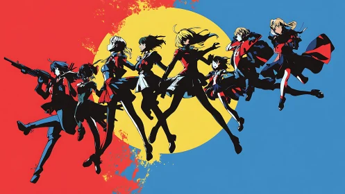 Bold school heroes sprint across a neon sunlit sky.