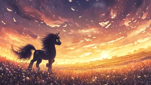 Twilight pony gazes over glowing flower fields at sunset