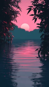 Dreamy pink sunset lagoon framed by quiet jungle leaves.