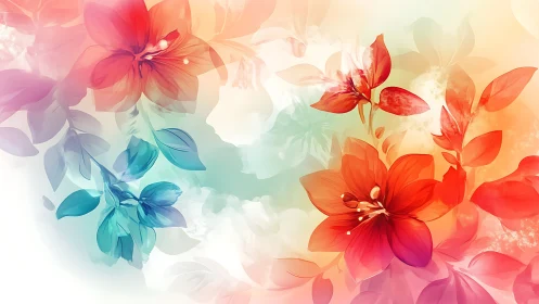 Translucent Floral Composition with Gradient Spectrum Overlay and Botanical Forms